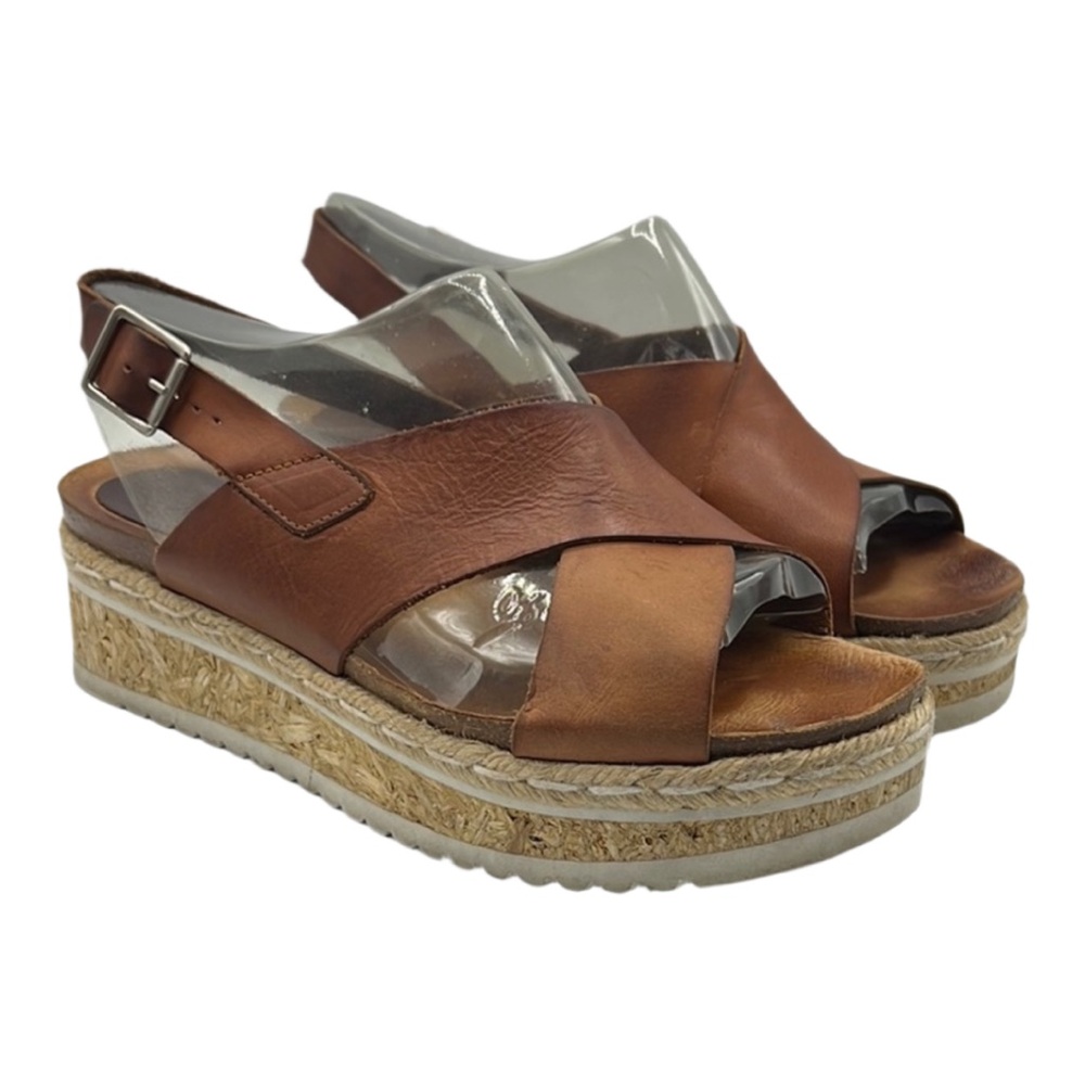 Five Worlds Sz 10 Brown Leather Platform‎ Sandals Crisscross Straps